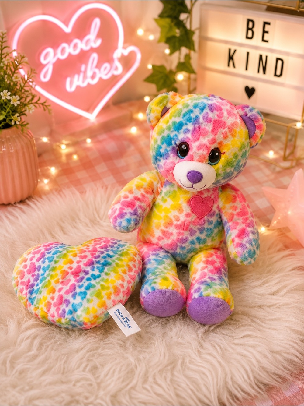 Build-A-Bear Colorful Teddy Bear and heart plush.